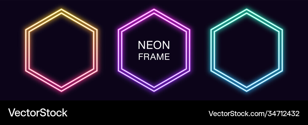 Gradient neon hexagon frame set hexagonal Gradient neon hexagon frame set hexagonal vector image