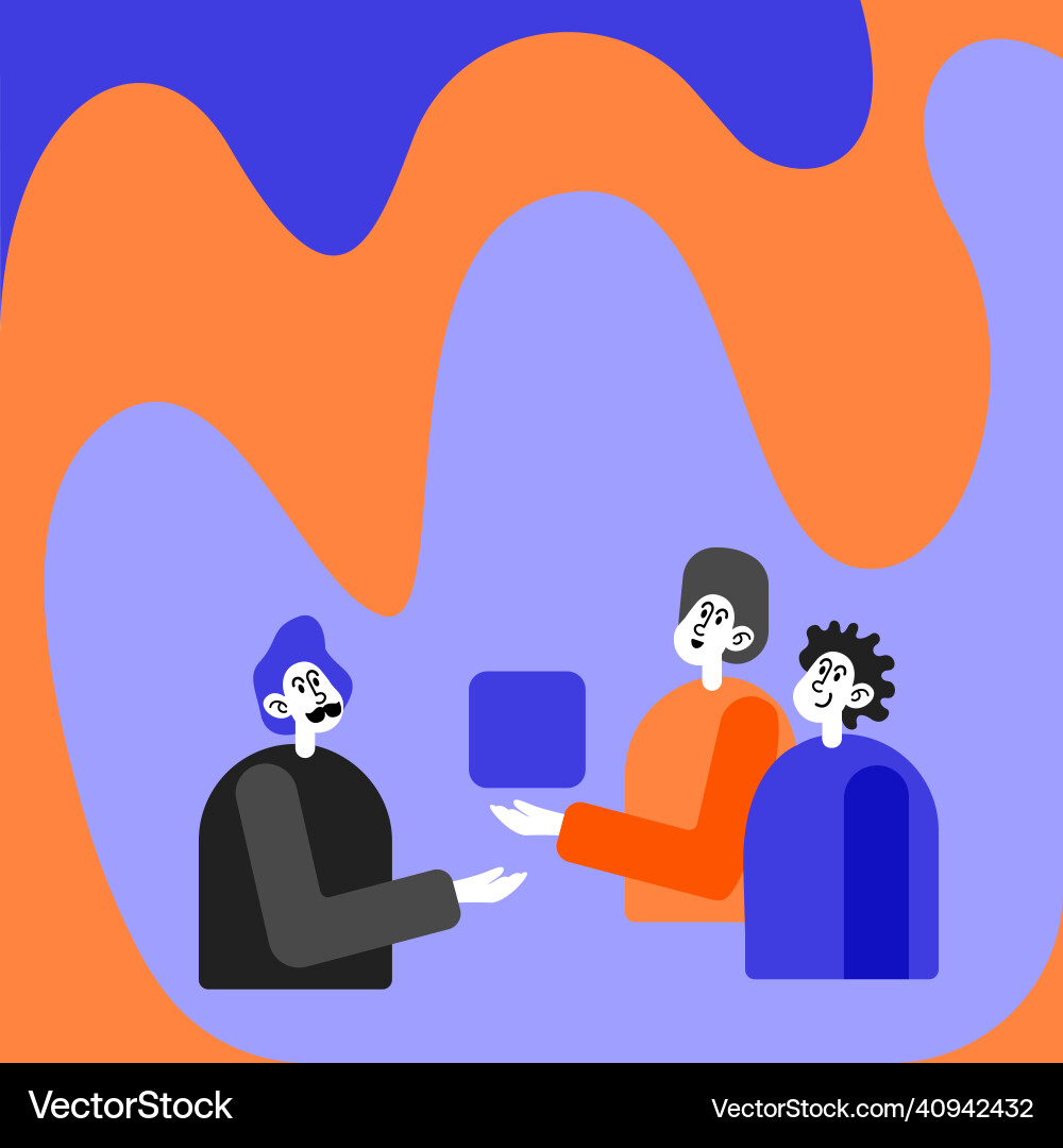 Three colleagues having meeting displaying cube Three colleagues having meeting displaying cube Vector Image