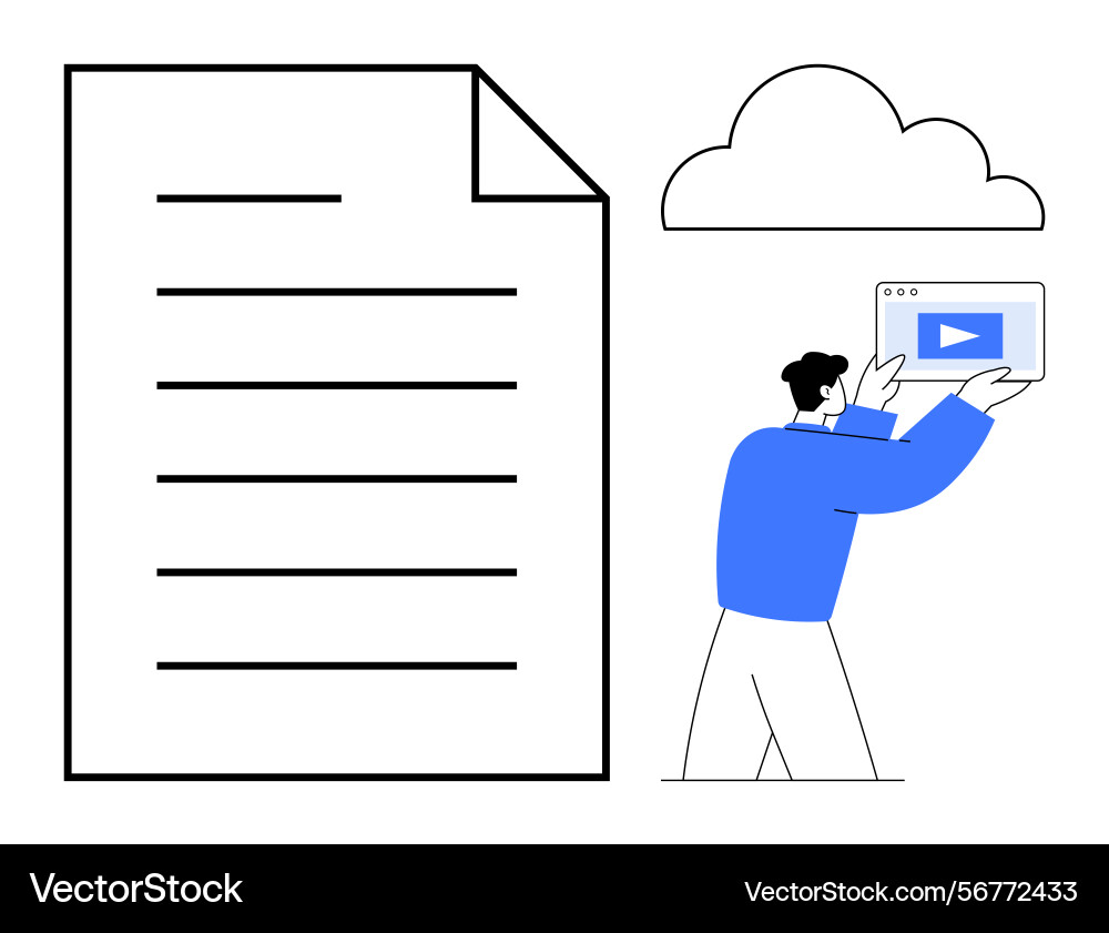 Man uploading video file to cloud with large Man uploading video file to cloud with large vector image