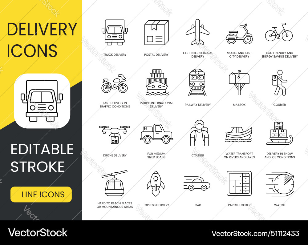 Types and methods of delivery line icons set Types and methods of delivery line icons set vector image