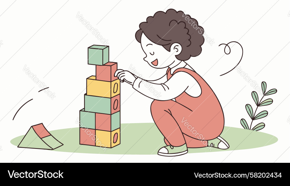 Child building a tall structure with interlocking Vector Image