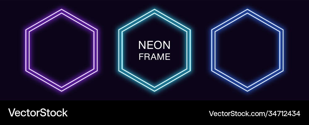 Neon hexagon frame set hexagonal border Neon hexagon frame set hexagonal border vector image