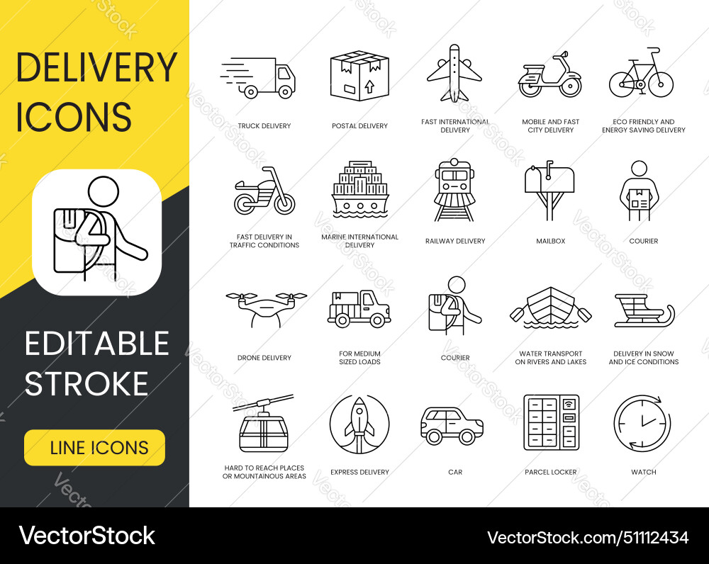 Types and methods of delivery line icons set vector image