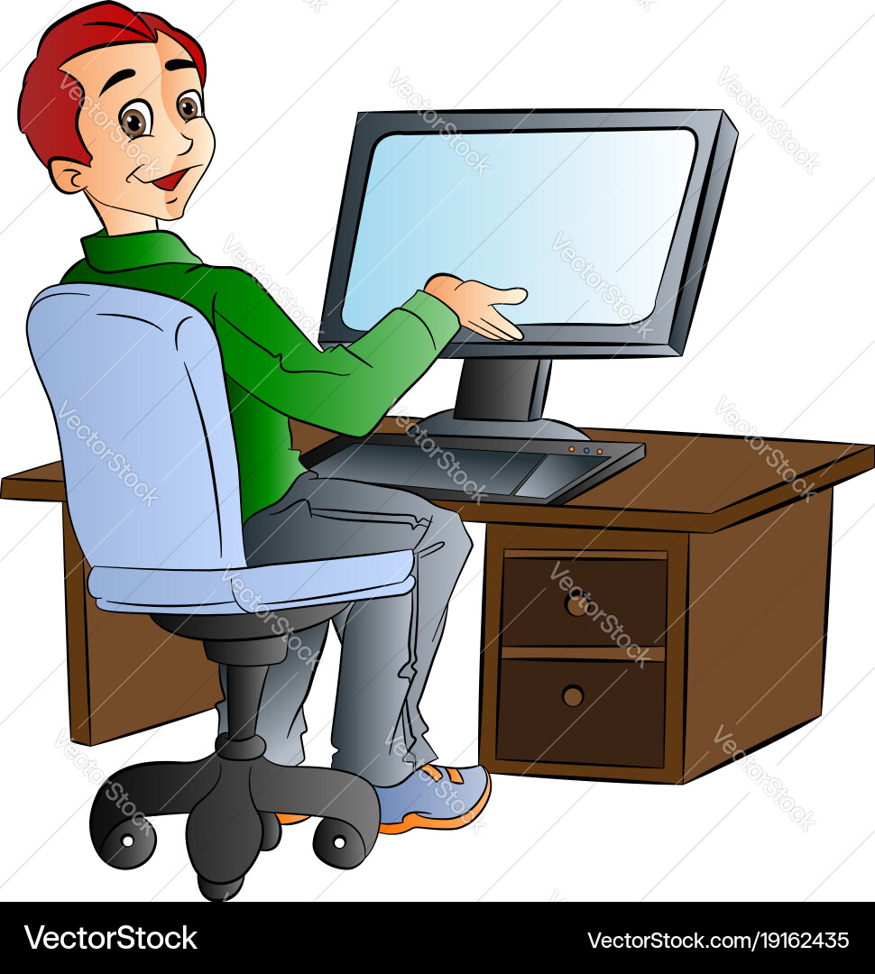 Mann mit einem Desktop-Computer vektorbild