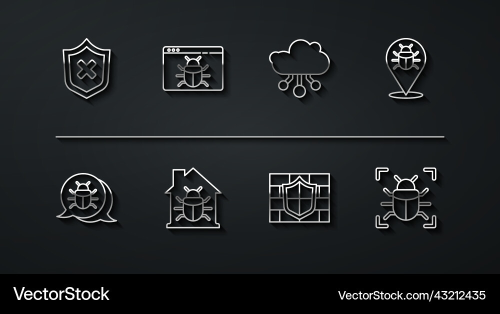 Set line shield with cross mark system bug brick Set line shield with cross mark system bug brick vector image