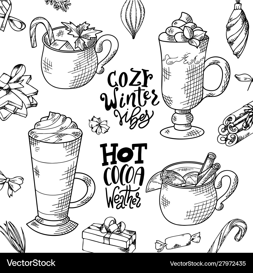 Winter hot drinks set hand drawn sketch can Vector Image