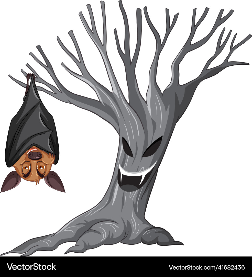 Brown bat hanging on ghost tree in cartoon style Brown bat hanging on ghost tree in cartoon style vector image