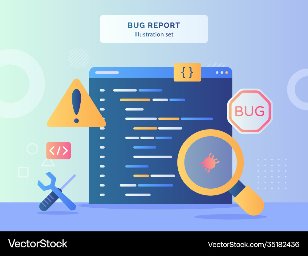 Bug report set magnifying on data computer Bug report set magnifying on data computer Vector Image