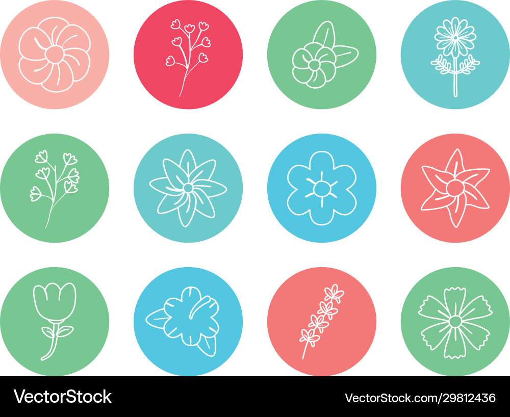 Flowers inside circles line block style icon set Vector Image