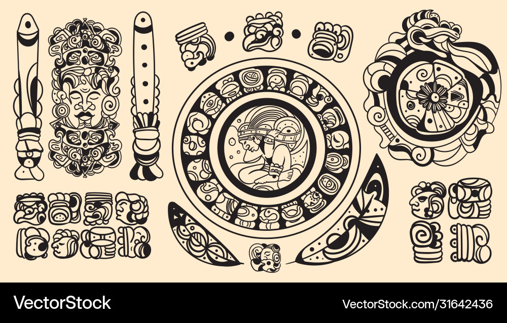 Set intricate black mayan tattoo designs Set intricate black mayan tattoo designs vector image