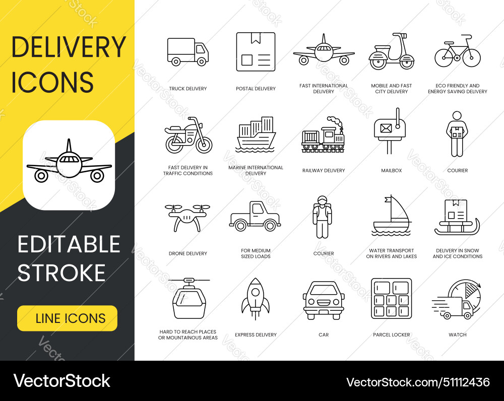 Types and methods of delivery line icons set Types and methods of delivery line icons set vector image