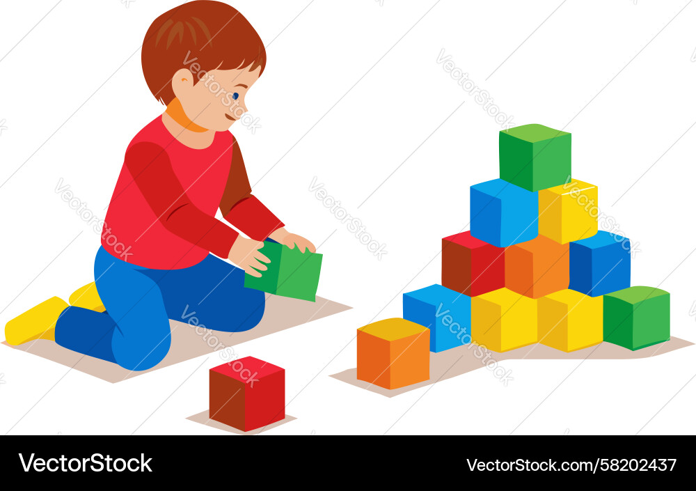Boy building a stack of colorful play blocks Vector Image