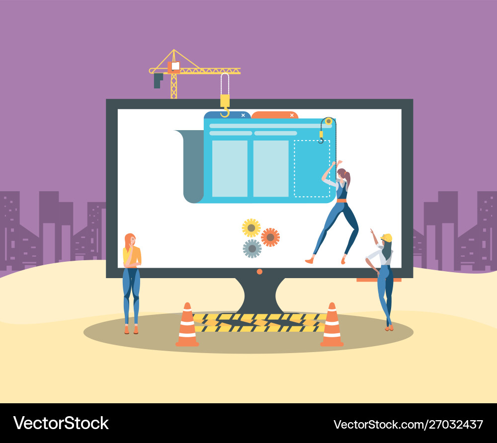 Builders and desktop with webpage under Vector Image