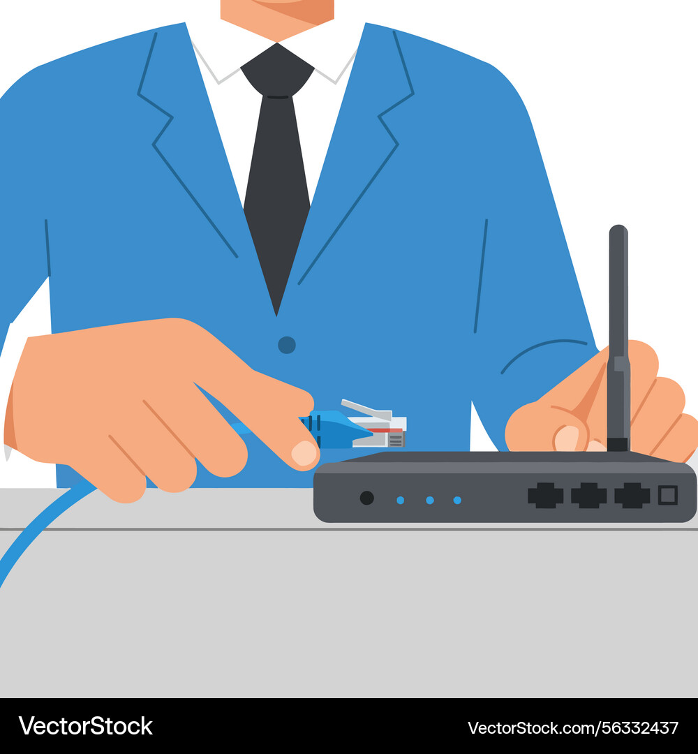 Man Connecting Ethernet Cable to Router vector image