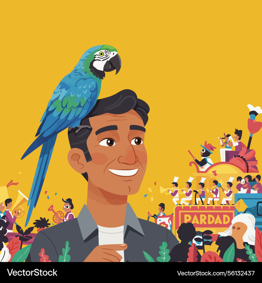 Man smiling with parrot on head attending vector image