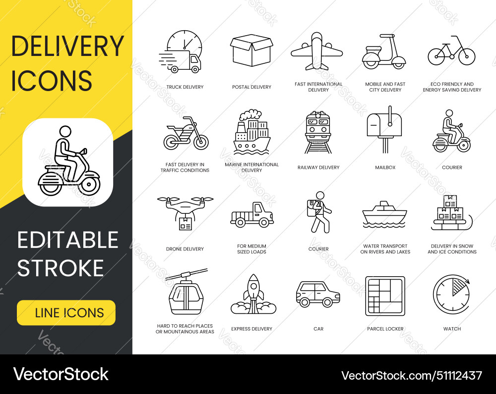 Types and methods of delivery line icons set Types and methods of delivery line icons set vector image