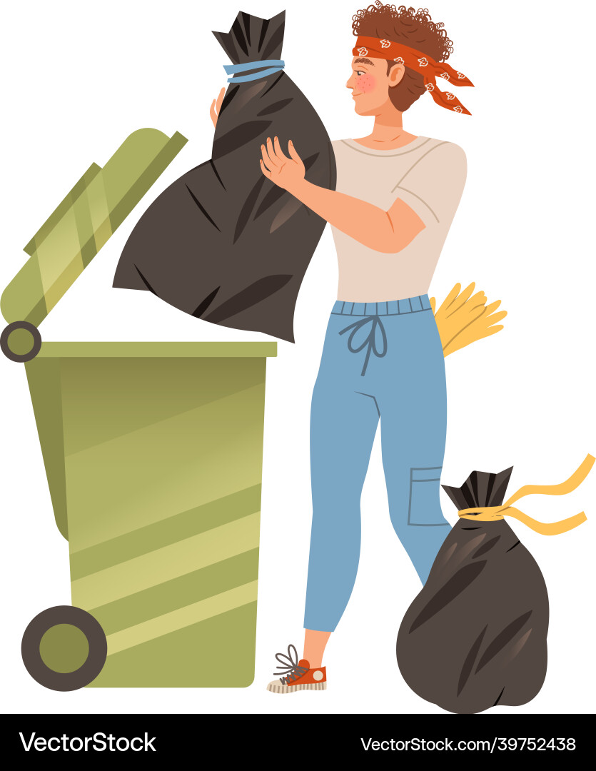 Man throwing plastic bag into trash bin Man throwing plastic bag into trash bin vector image