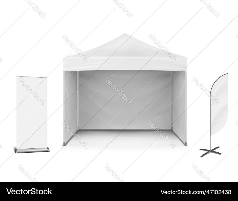 Pop-up marquee tent with event flag and roll-up Pop-up marquee tent with event flag and roll-up Vector Image