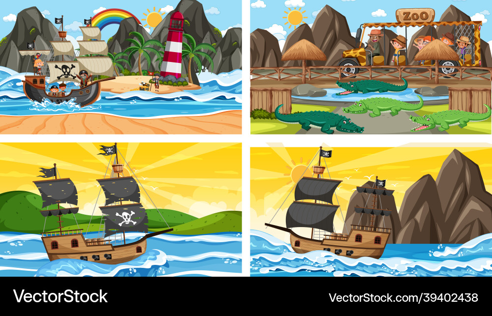 Set of different scenes with animals in the zoo Set of different scenes with animals in the zoo Vector Image