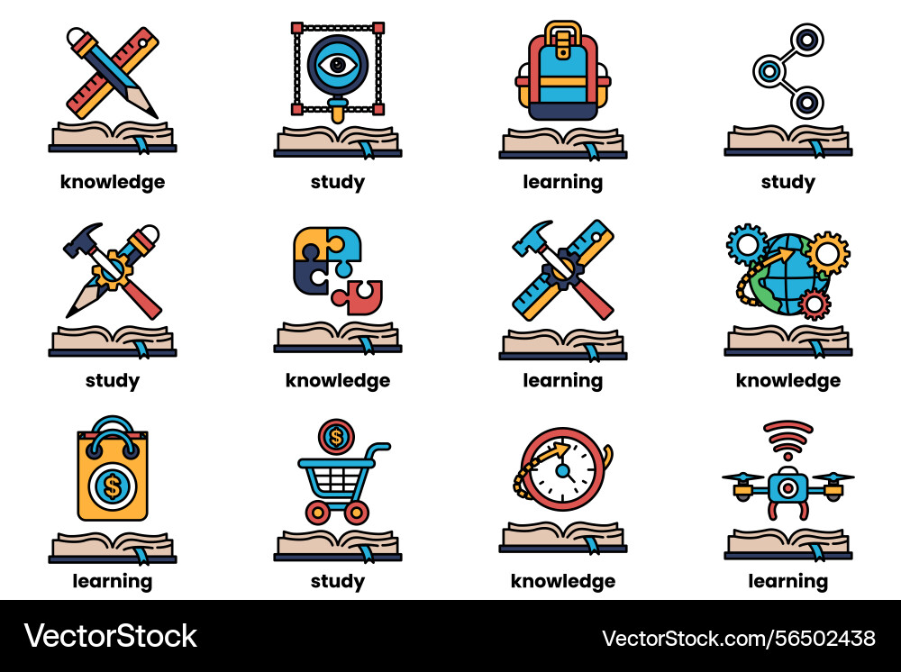 Set of in the concept books and knowledge Vector Image