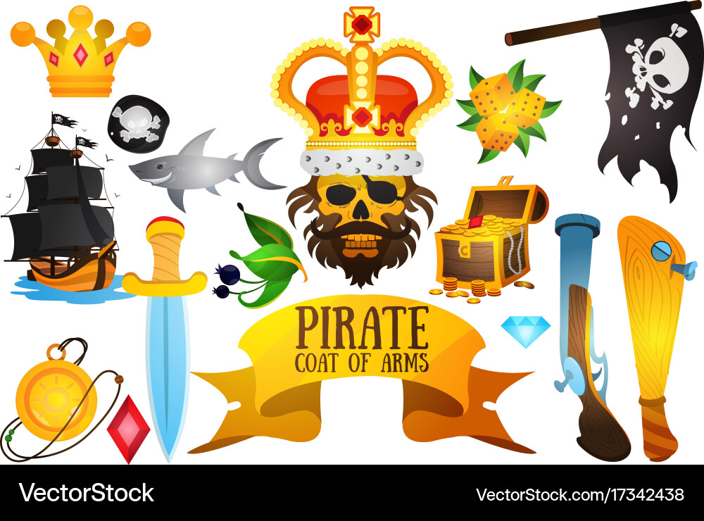 Set with pirate attributes various items medieval Vector Image