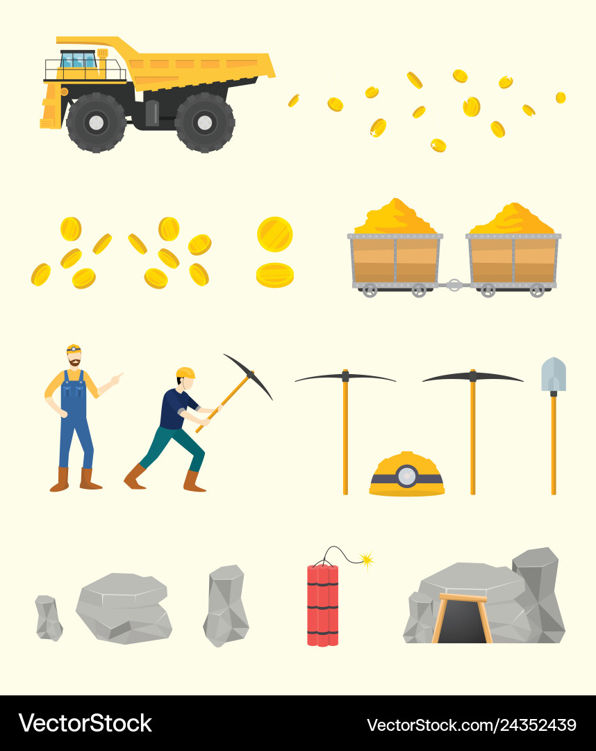 Gold mining set collection objects with people Gold mining set collection objects with people vector image