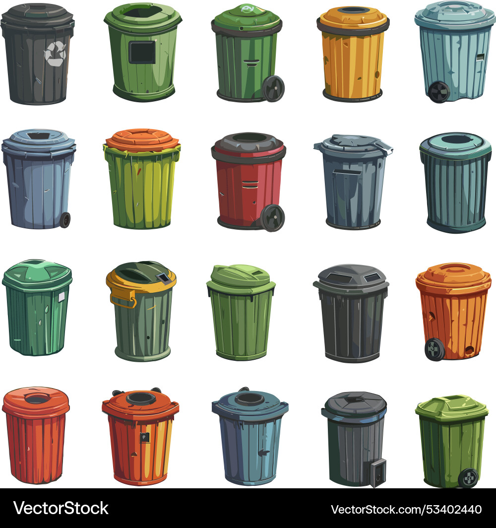 Garbage cans trash containers metallic Garbage cans trash containers metallic Vector Image