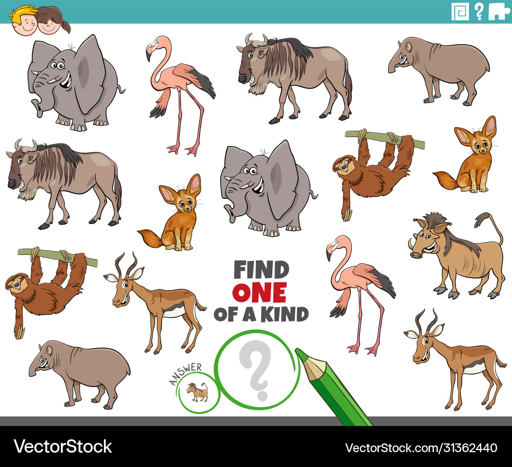 One a kind task for children with wild animals One a kind task for children with wild animals Vector Image