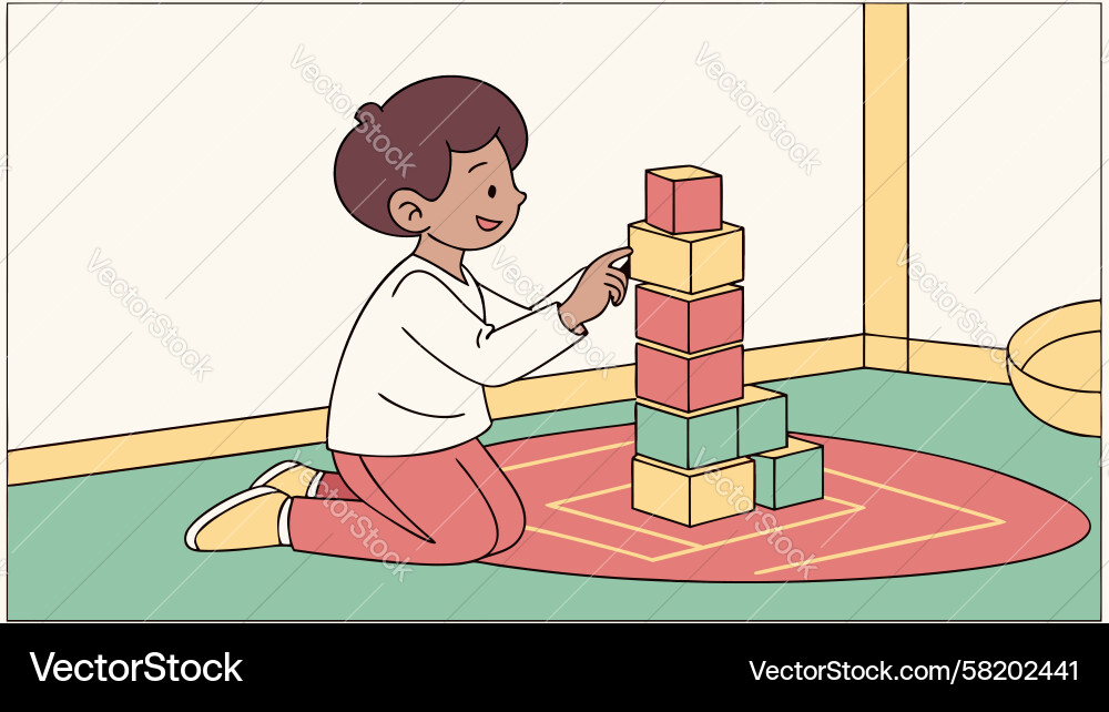 Child Building a Tower of Blocks Vector Image
