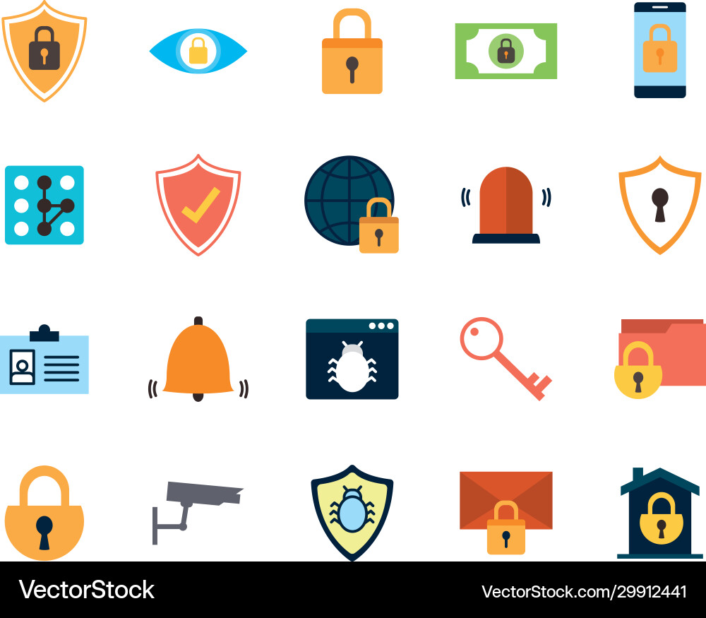 Isolated security flat style icon set vector image