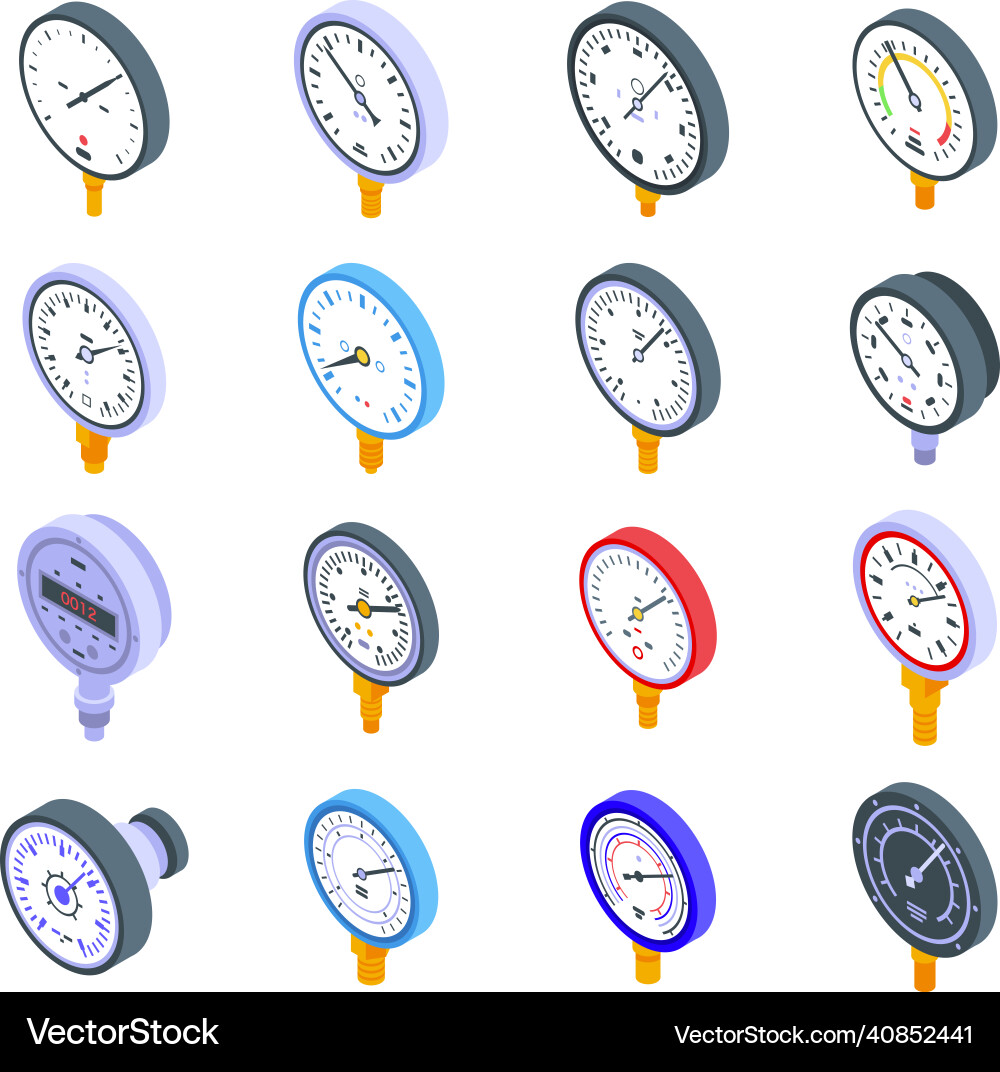 Manometer icons set isometric style Manometer icons set isometric style Vector Image