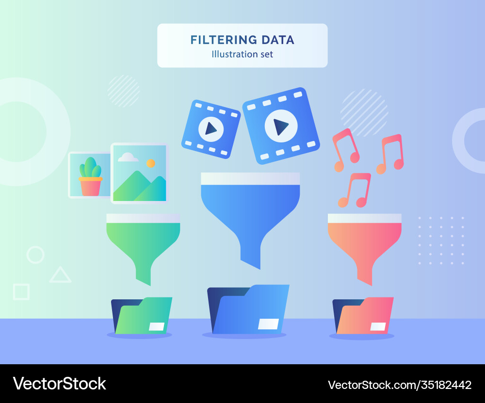 Filtering data set picture video music on funnel Filtering data set picture video music on funnel vector image