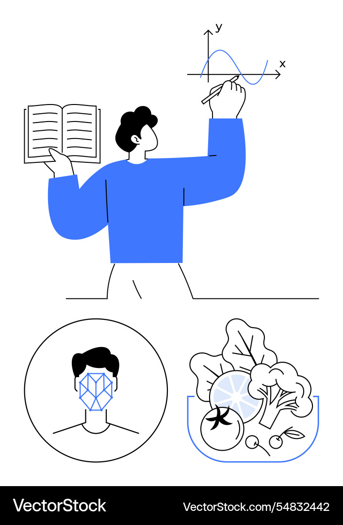 Man analyzing graph with book face scan Man analyzing graph with book face scan Vector Image