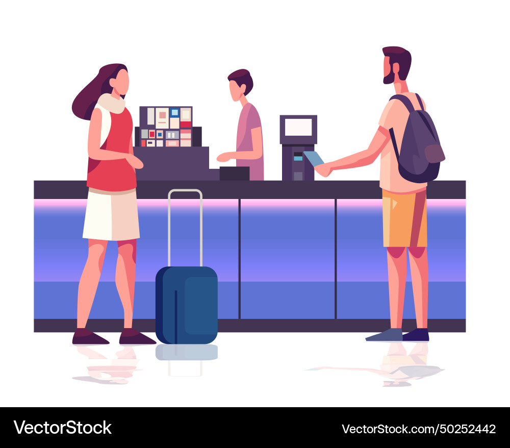 Tourists self check in at automatic machine Tourists self check in at automatic machine vector image