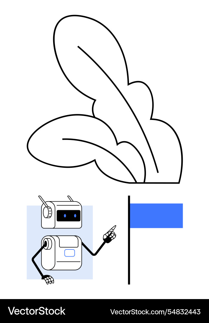 Cartoon robot pointing at blue flag with abstract Cartoon robot pointing at blue flag with abstract vector image