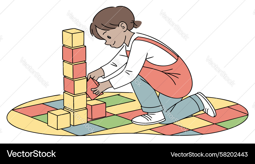 Child constructing a tall tower with building Vector Image