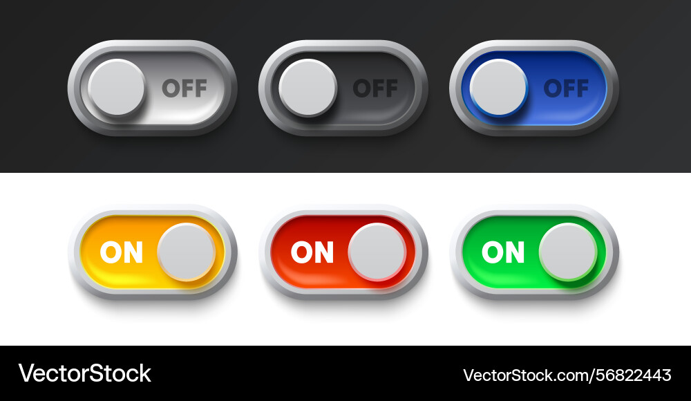 Color set on off switch button ui isolated white Color set on off switch button ui isolated white vector image