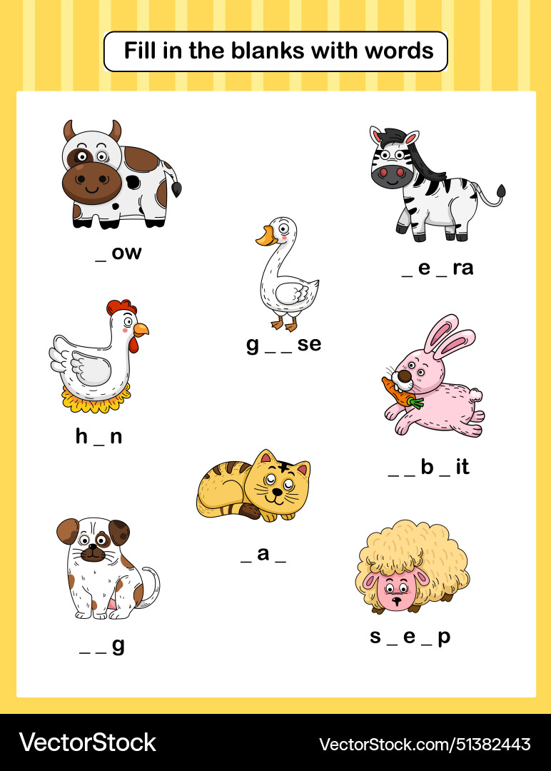 Kids Fill-in-the-Blanks Worksheet Vector Image