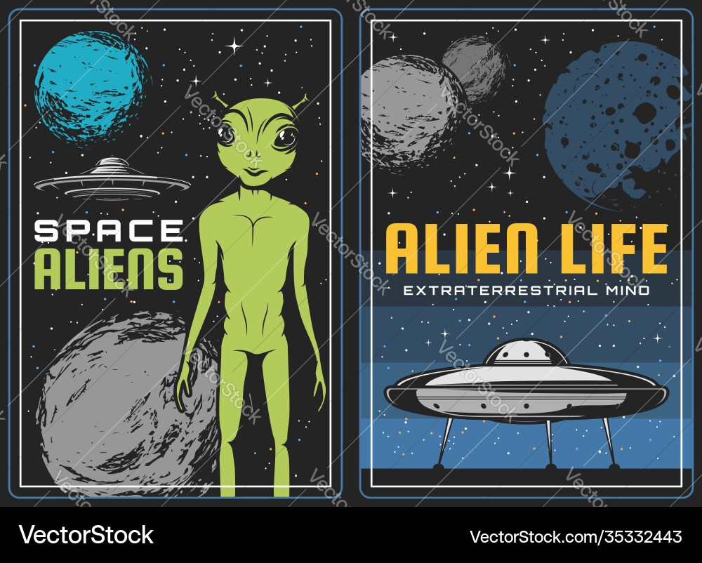 Retro poster with alien and ufo spaceship in space Retro poster with alien and ufo spaceship in space vector image