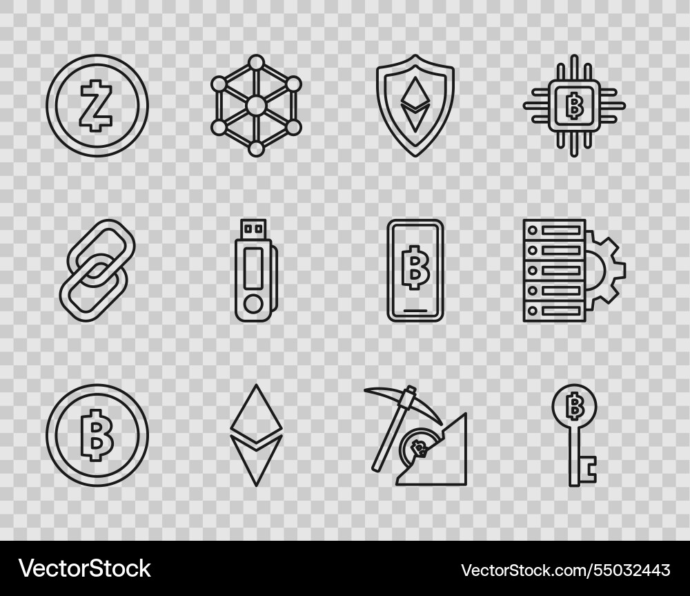 Set line cryptocurrency coin bitcoin key shield Set line cryptocurrency coin bitcoin key shield vector image
