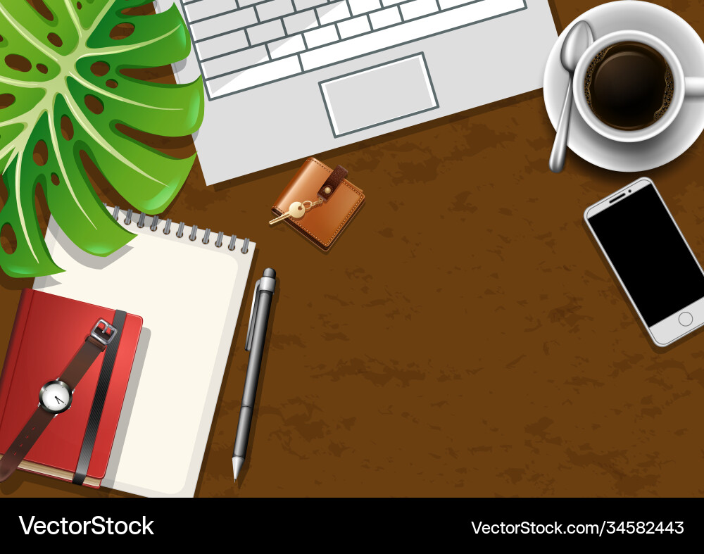 Top view office work table with elements Top view office work table with elements Vector Image