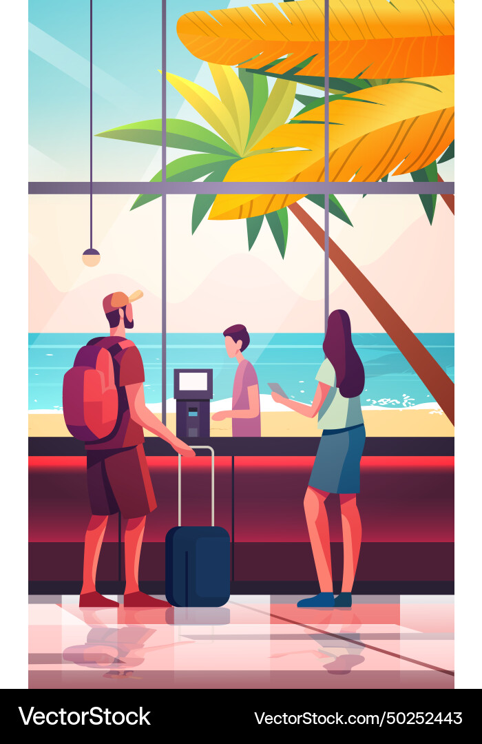 Tourists self check in at automatic machine Vector Image