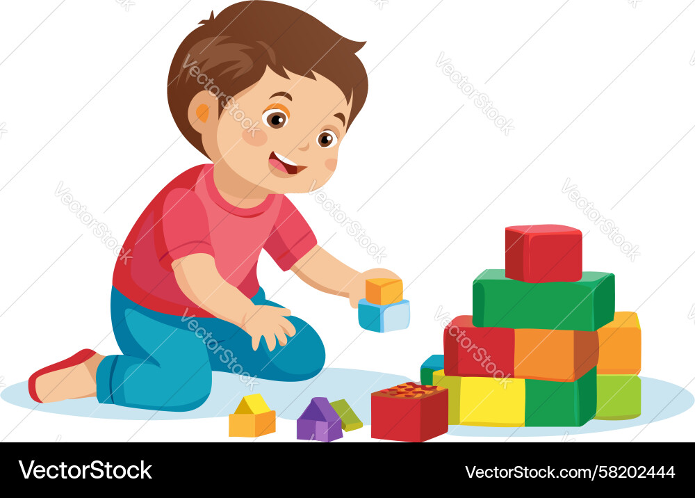 Boy building with colorful stacked blocks Vector Image