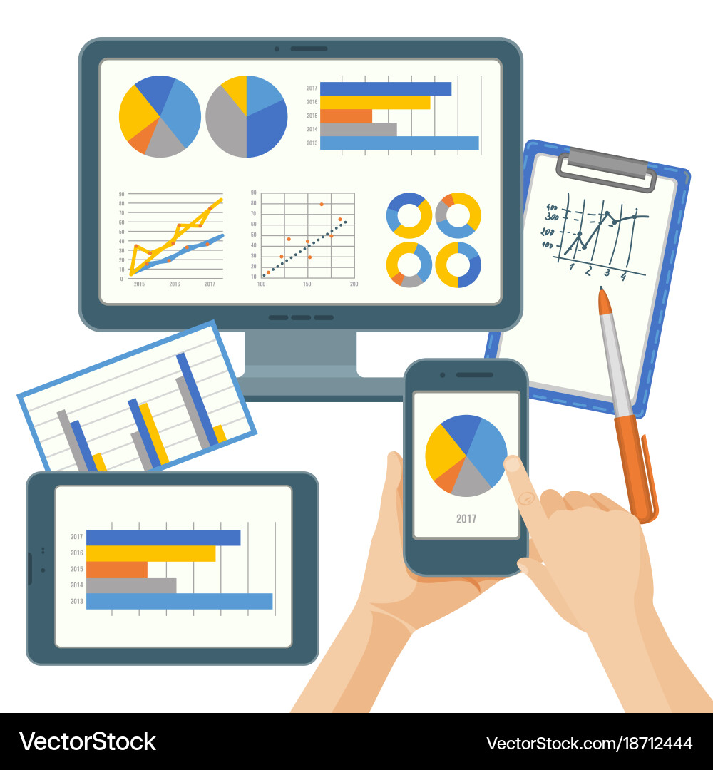 Hands with Gadgets & Data Icons vector image