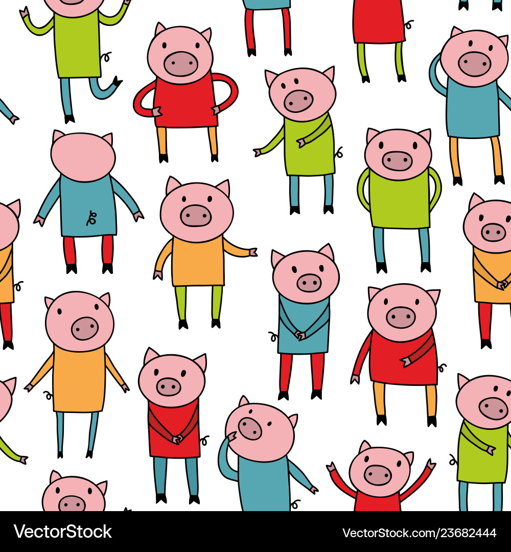 Seamless pattern with doodle pigs in colorful Seamless pattern with doodle pigs in colorful vector image