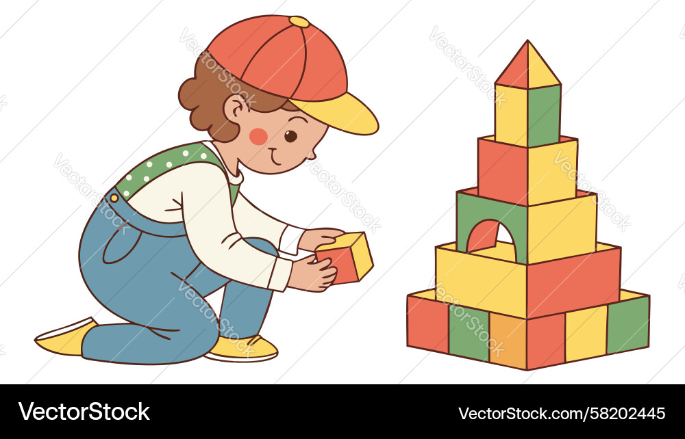 Child Constructing a Tower of Blocks Vector Image
