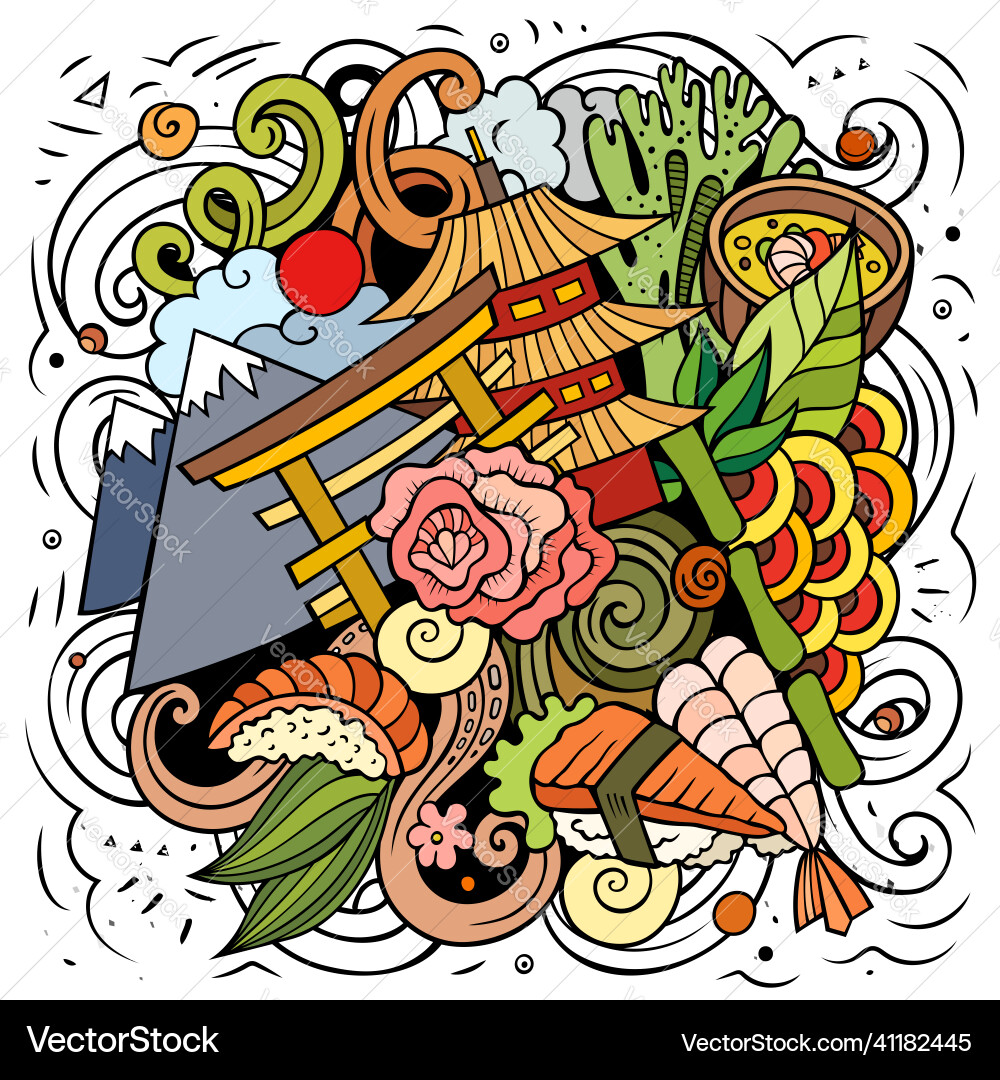 Japanese Doodle - Sakura & Icons Vector Image