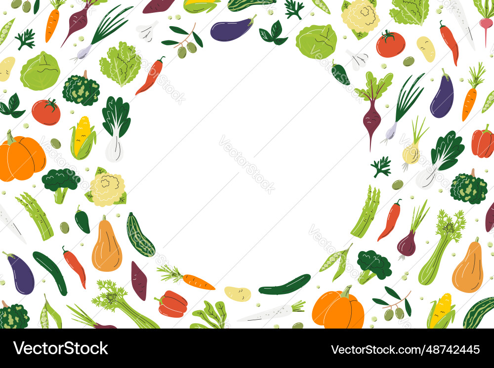 Rectangular template with various veggies round Vector Image