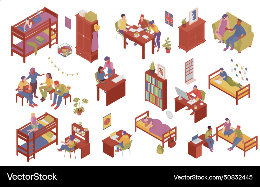 Student dormitory room set Royalty Free Vector Image