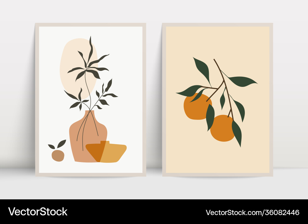Botanical wall art set foliage drawing and branch Botanical wall art set foliage drawing and branch vector image